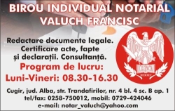Birou Notar Public - Valuch Francisc în Cugir, Trandafirilor Nr. 4 - program de funcționare